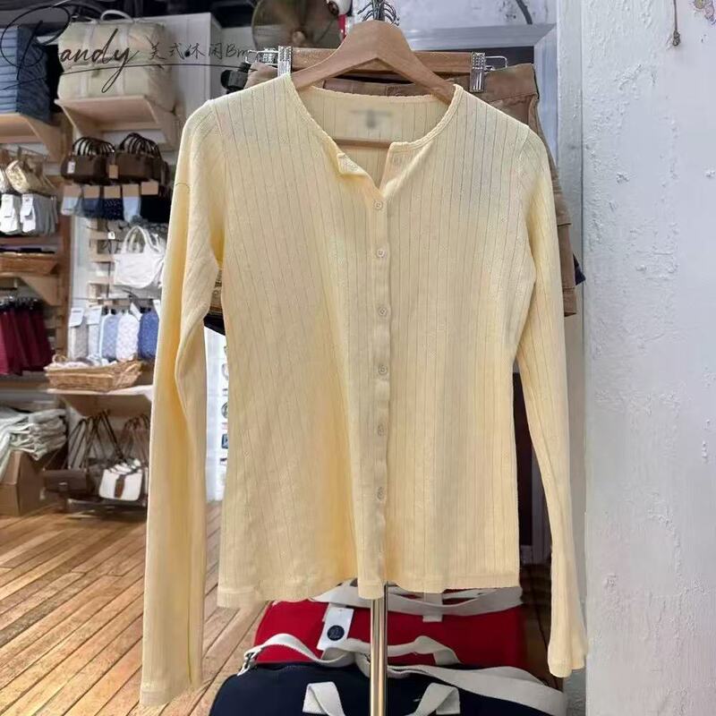BM Style New American Style Goose Yellow Lace Eyelet White Knitted Cardigan Round Neck Long Sleeve Thin Sunscreen Air-conditioning Shirt BM Style New American Style Goose Yellow Lace Eyelet White Knitted Cardigan Round Neck Long Sleeve Thin Sunscreen Air-conditioning Shirt