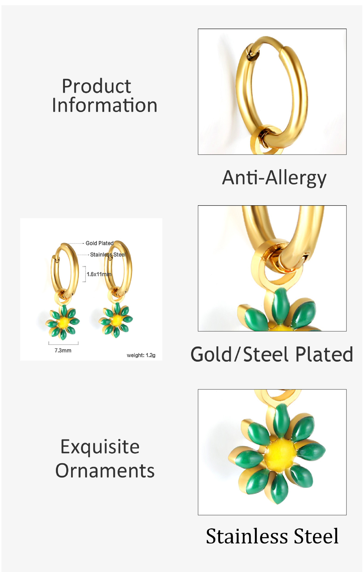Plating Design 1 Pair Simple Style Classic Style Daisy Plating 304 Stainless Steel Drop Earrings