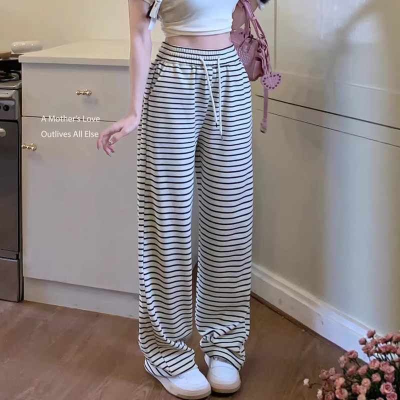 Black and White Striped Drapey Casual Pants for Women, Spring Straight-Leg Long Pants, Lazy Style, Elastic Waist, Loose Wide-Leg Walking Pants Black and White Striped Drapey Casual Pants for Women, Spring Straight-Leg Long Pants, Lazy Style, Elastic Waist, Loose Wide-Leg Walking Pants