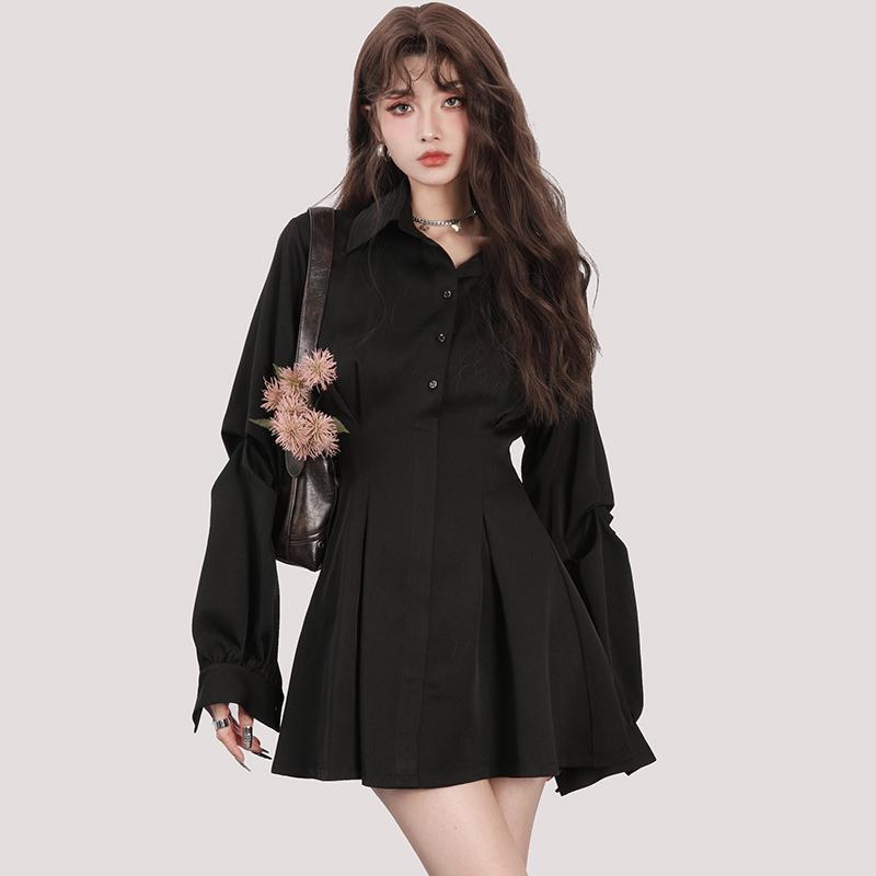 2025 Spring and Autumn New French Style Long Sleeve Black Waist-Slimming Elegant Dress Spring Shirt Dress Women's Skirt