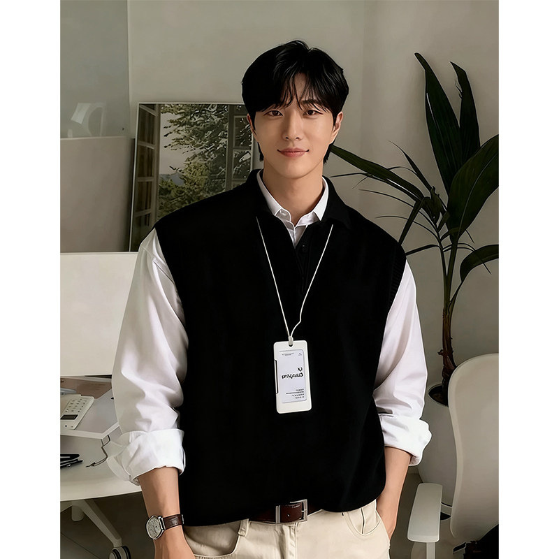 Autumn and winter Hong Kong-style men's sleeveless sweater, loose-fitting solid-color V-neck knit vest, Korean-style inner layer, trendy Autumn and winter Hong Kong-style men's sleeveless sweater, loose-fitting solid-color V-neck knit vest, Korean-style inner layer, trendy