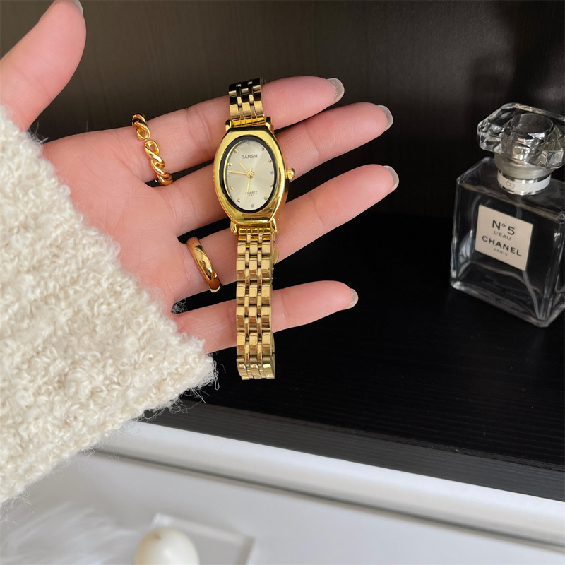 Barsh Antique Women's Watch Women's Fashion Simple Oval Temperament Stainless Steel Strap Women's Small Gold Watch