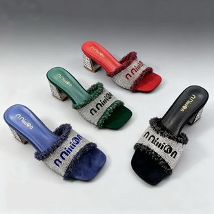 Summer Fashion Chunky High-Heeled Women's Slippers with Rhinestone Letters, Versatile for Outdoor Wear, Cross-Border Foreign Trade Women's Shoes, African-Style Slip-Ons