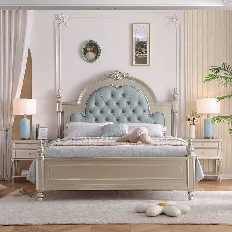 美式轻奢双人床主卧床法式实木布艺拉扣床公主床婚床罗马柱实木床