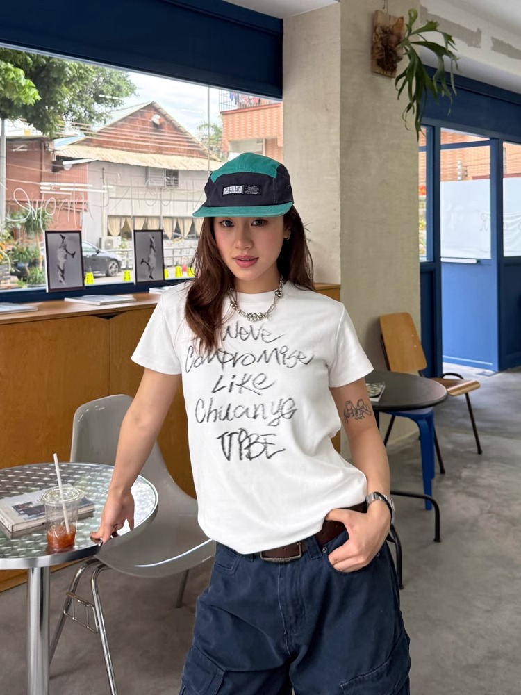 Original Letter Printing Shoulder Short-sleeved T-shirt Women's Casual All-match New Summer Round Neck Spice Girl Top Women's Instagram Style Trendy