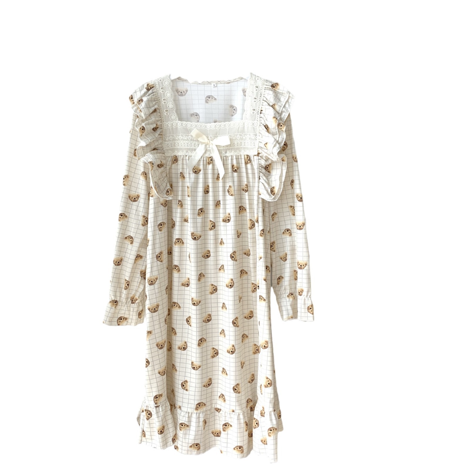 Nuevo estilo coreano princesa estilo camisón fresco lindo oso primavera y otoño pijamas largos de las mujeres vestido largo desgaste del hogar entrega