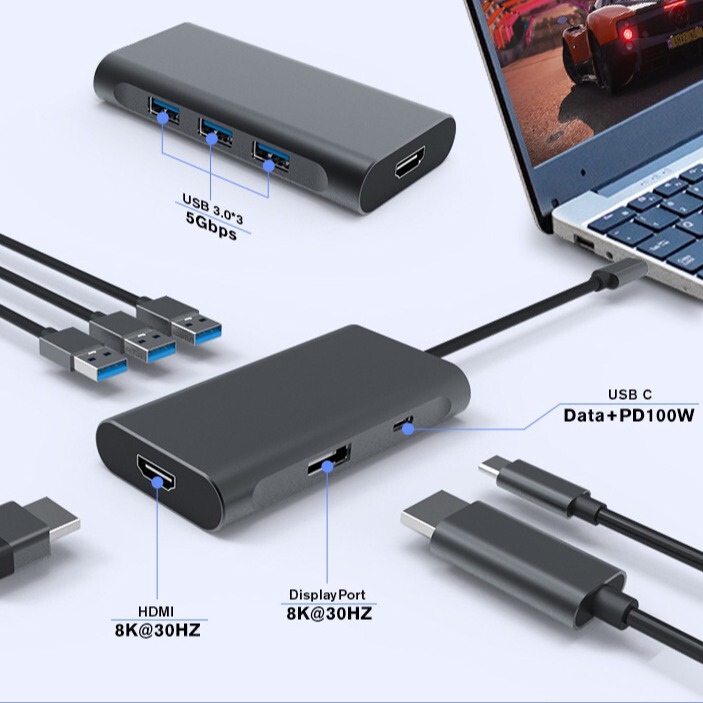6-in-1 Docking Station Type-C to 8K HDMI Displayport Pd 100W Usb3.0 Hub
