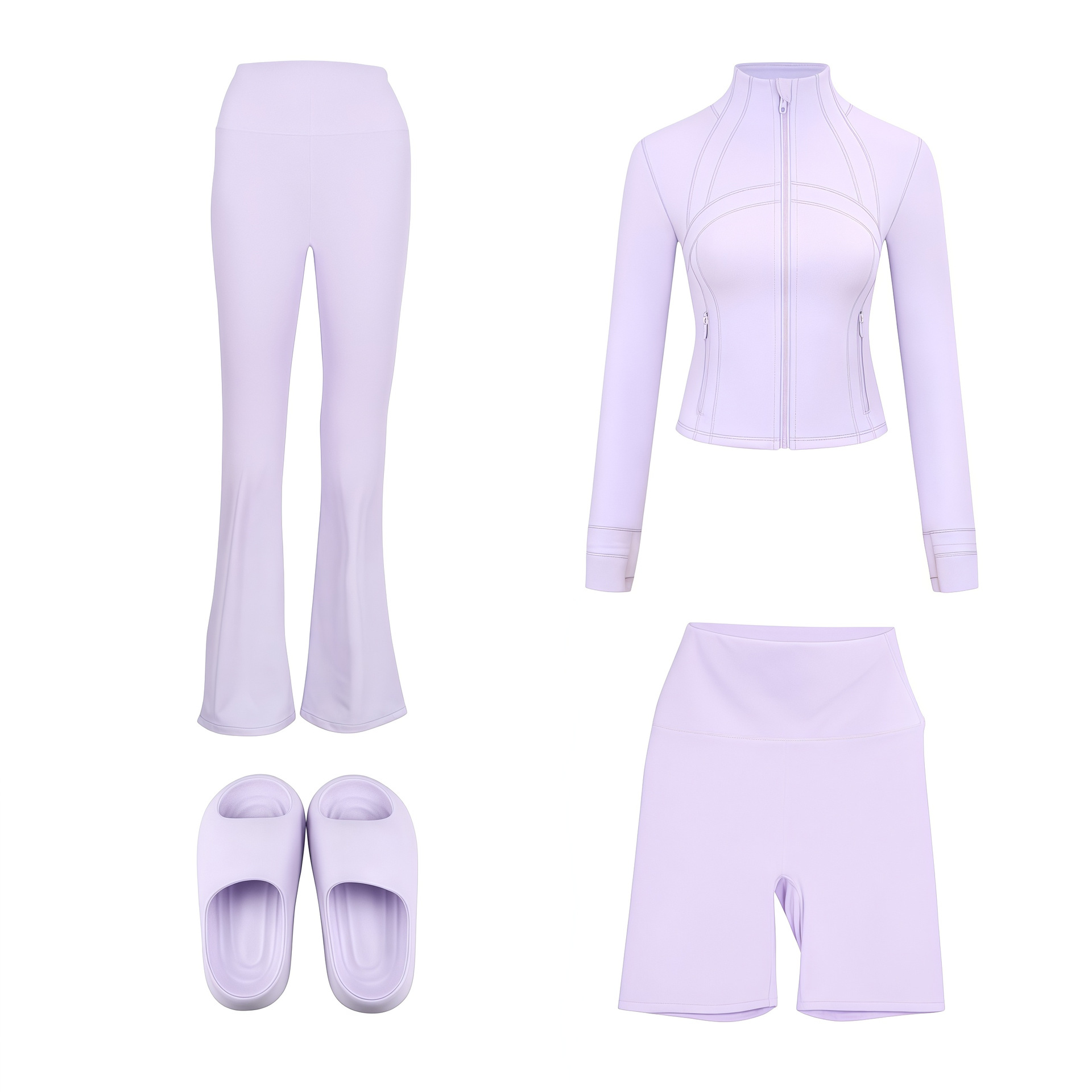 Women's 4-Piece Activewear Set – Cropped Jacket, Flared Pants, Bermuda Shorts & Slides (S-3xl, 26 Colors)_voghion.com