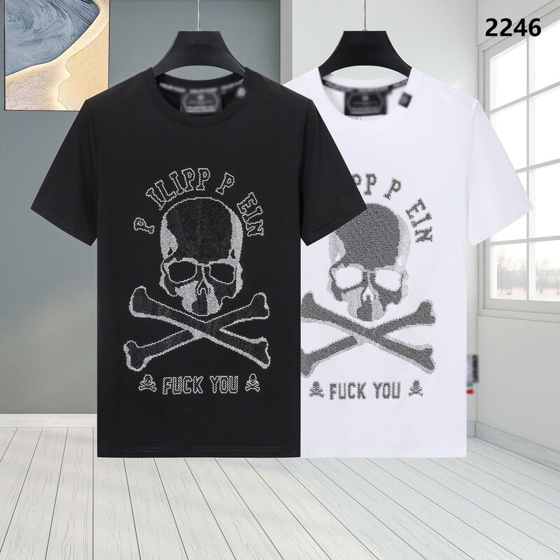 New Men's Plein Short-Sleeve T-Shirt, Pure Cotton, Round Neck, Comfortable, High-Quality, Rhinestone Skull Design, Slim Fit