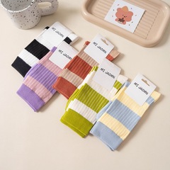 韓版襪子女 糖果色條紋系棉質中筒女襪 寬條休閒襪條紋襪堆堆襪
