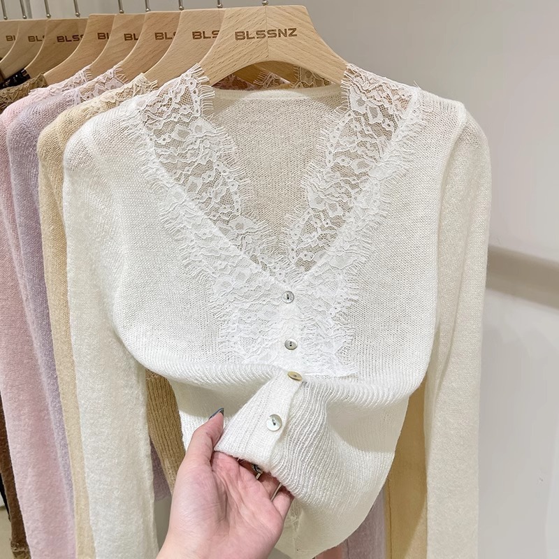 Lace Long Sleeve Knitted Cardigan Sweater Coat Women's Autumn Design Sense Niche Inner Base Shirt Short V-Neck Top Lace Long Sleeve Knitted Cardigan Sweater Coat Women's Autumn Design Sense Niche Inner Base Shirt Short V-Neck Top
