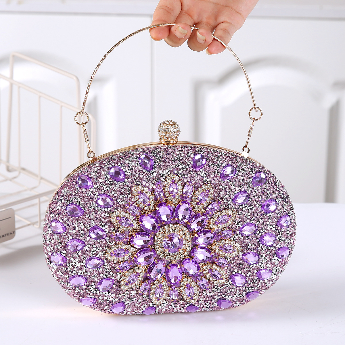337g Weight Polyester Lining Material Lock clasp Closure Type Top Handle Strap Type Evening Bag Bags Type Party Occasion Pu Leather Material Printing Pattern All Seasons Season Women's Gender Diamond Design Elegant Style Oval Shape Small Size Pu Leather Printing Oval Evening Bags 24