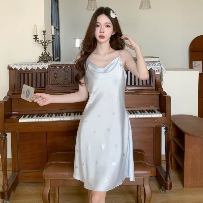 2024 verano plata caliente mariposa alta sensualidad hielo y nieve jacquard delgado collar swing vestido de pijama de mujer pura