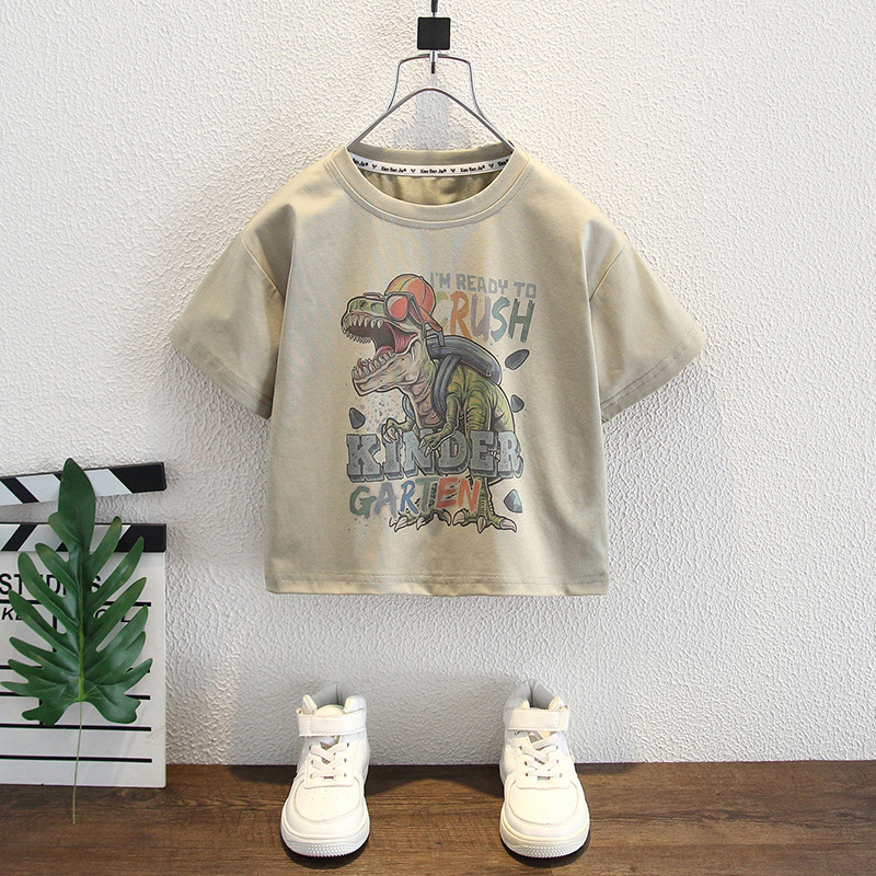 7985 Camiseta de manga corta de dinosaurio de dibujos animados para niños 2025 nuevos tops de media manga para niños ropa de verano para niños