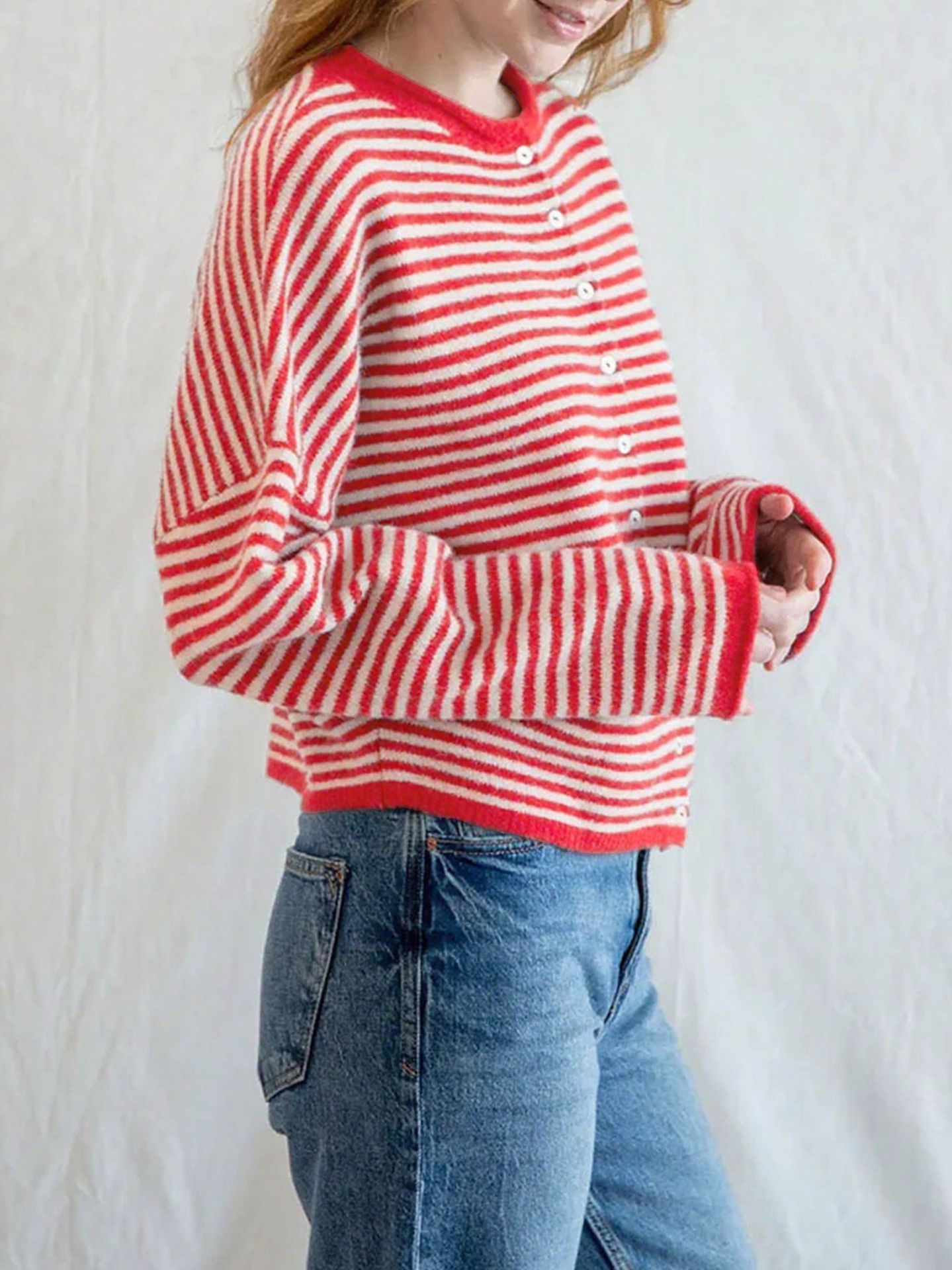 Women's Knit Striped Cardigan Casual Long Sleeve Round Neck Button Sweater Autumn Winter American Style Acrylic Polyester_ecoleips.com
