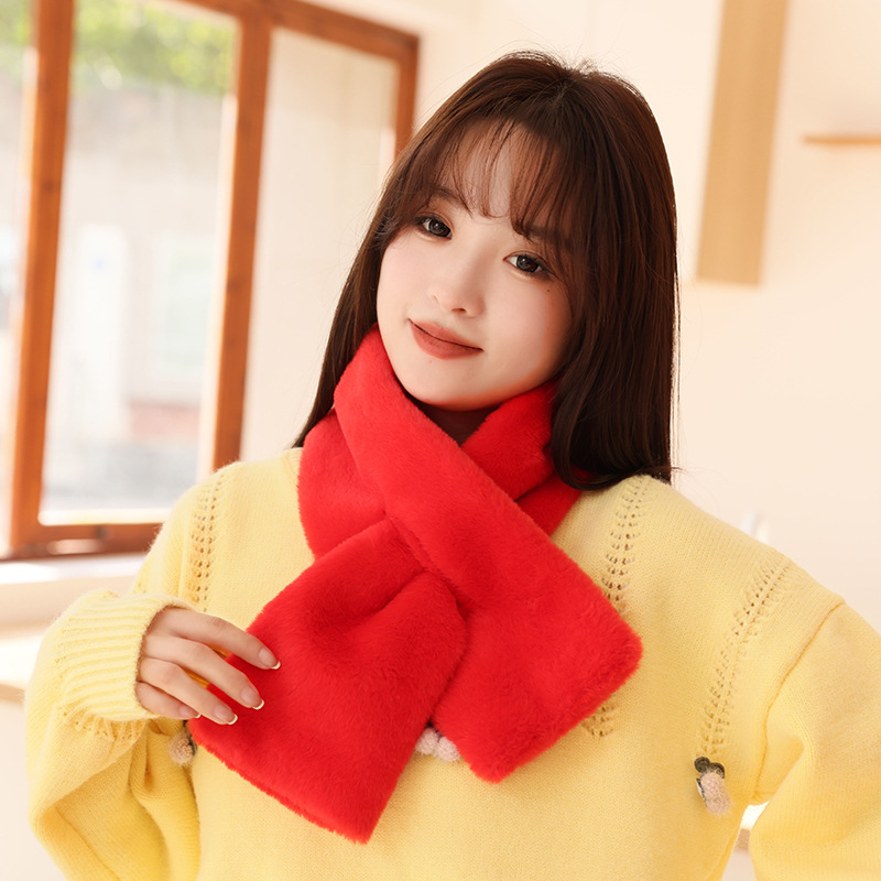 韩版仿兔毛毛绒围巾女秋冬季柔软围脖纯色交叉保暖加厚兔毛围巾