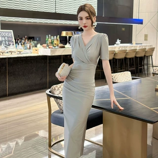 2026夏季新款女装法式V领气质修身显瘦短袖连衣裙性感包臀裙30167