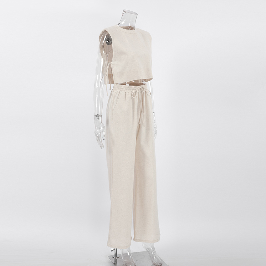 350g Weight Sleeveless Sleeve Length Polyester Fabric Type Pant Co-ord Set Sets Type 2 Pieces Set Quantity Holiday Occasion Round Neck Neckline Comfort Function Regular Fit Fit Type Solid Color Pattern Summer Season Women's Gender Streetwear Style Holiday Women's Streetwear Solid Color Polyester Pant Co-ord Set Pants Sets 3
