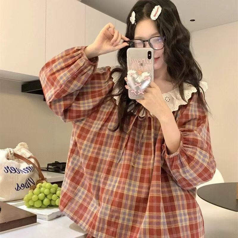 ソースファクトリー人気の春と秋の甘くてかわいいクラウドコットン長袖レースパジャマ女子学生ホームウェアセット|undefined