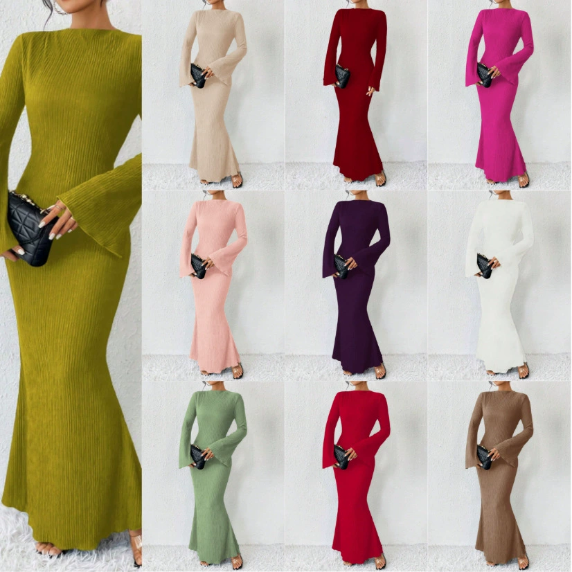 2025 Европейская и американская трансграничная Amazon, хит продаж, новое осенне-зимнее вязаное однотонное тонкое платье с круглым вырезом и длинными рукавами, женская одежда