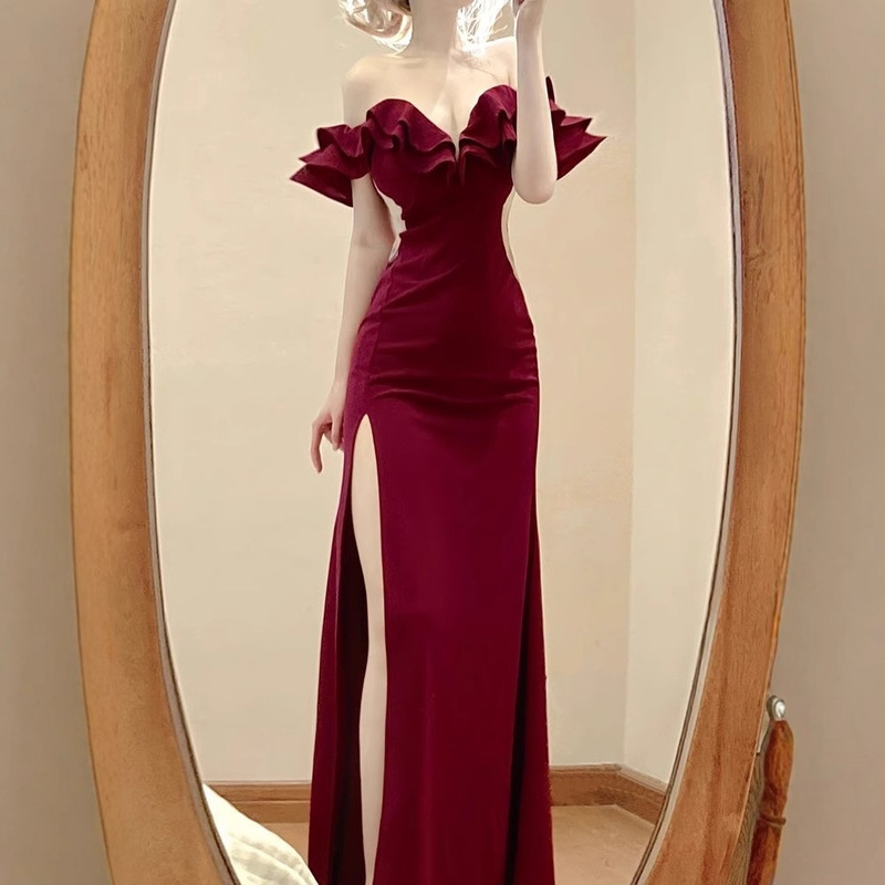 High Slit Long Skirt with a Sense of Design, Fashionable and Niche, Ankle-Length, Ultra-Long Evening Dress, Strapless Off-Shoulder Dress for Women