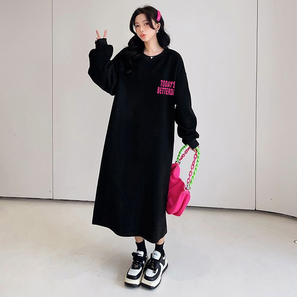 韩国代购加绒卫衣裙冬季慵懒风字母印花圆领长袖开叉长连衣裙子女
