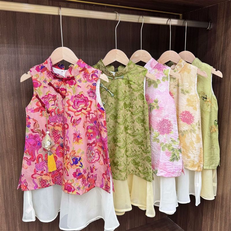 女の子の新しい中国風の古代スタイルのチャイナドレス 2025 夏服子供の偽ツーピースベスト漢服スカートと香りの袋|undefined