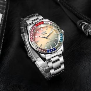 Winner Colorful Diamond Multicolor Dial Fully Automatic Mechanical Watch Cross-Border Popular Men's Steel Strap Waterproof Mechanical Watch