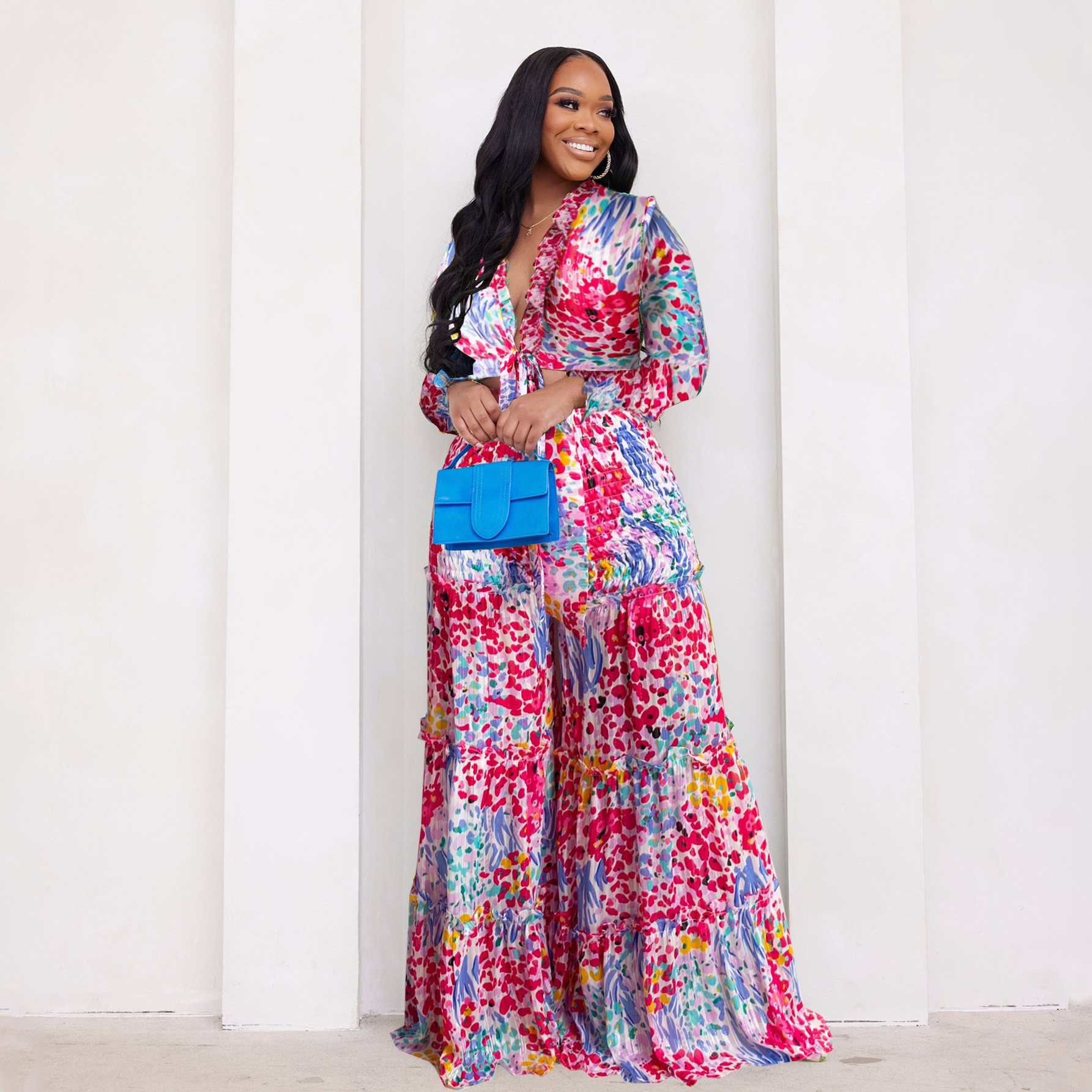 Women's Clothing fashion contrast color printed chiffon long sleeved lace up flared pants two piece suit _voghion.com