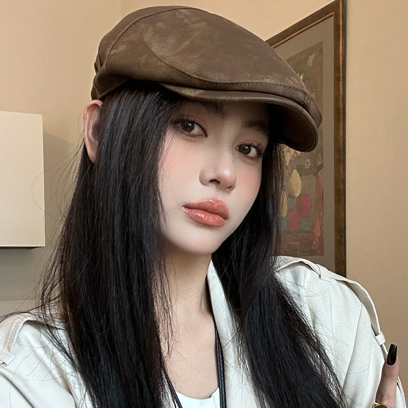 美式复古街头辣妹PU贝雷帽女秋季薄款纯色休闲百搭显脸小前进帽子|undefined