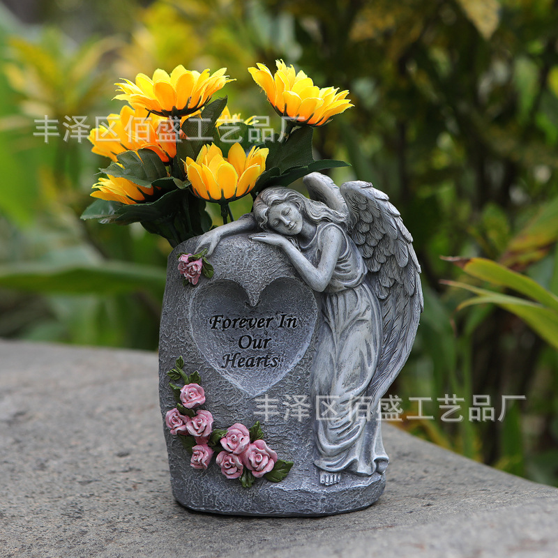 Regalos conmemorativos transfronterizos de resina de piedra imitación cementerio jarrón Angel decoración jardín al aire libre decoración de lámpara solar