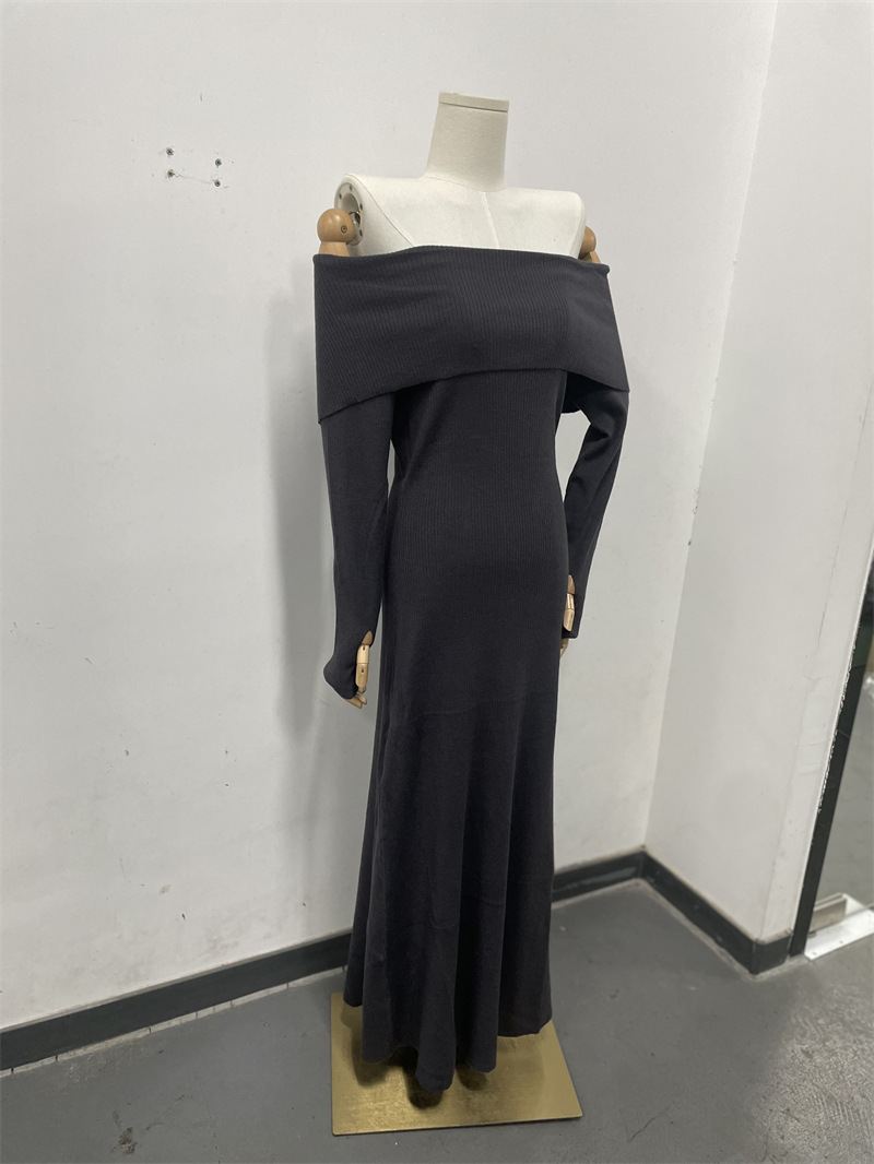 Autumn Winter Women Clothing Elegant off Shoulder Dress Solid Color Formal Dress Length Dress