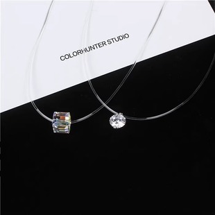Wholesale transparent fishing line necklace flash diamond zircon color crystal cubic pendant neck chain invisible clavicle chain necklace