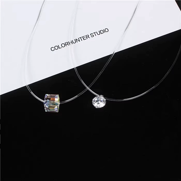 Оптовая продажа прозрачная рыбная нить ожерелье блестяще бриллиантовое циркониевое цветное кристалл куб-подвеска невидимая цепочка ключицы ожерелье