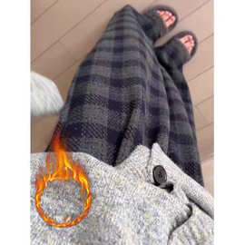 慵懒风撞色格子裤子女2025秋冬新款拖地裤显瘦毛呢加绒加厚阔腿裤