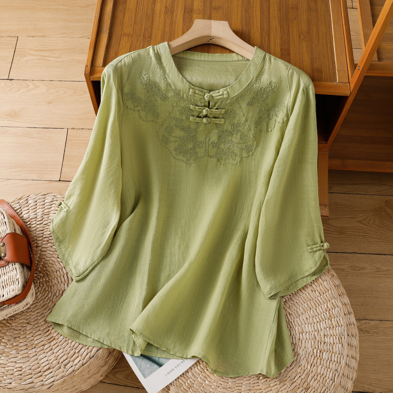 New Chinese-Style Round Neck Button-Up Cotton-Linen Three-Quarter Sleeve Women's Shirt, Summer Solid Color, Plus Size, Loose Embroidered Pullover Top, Thin