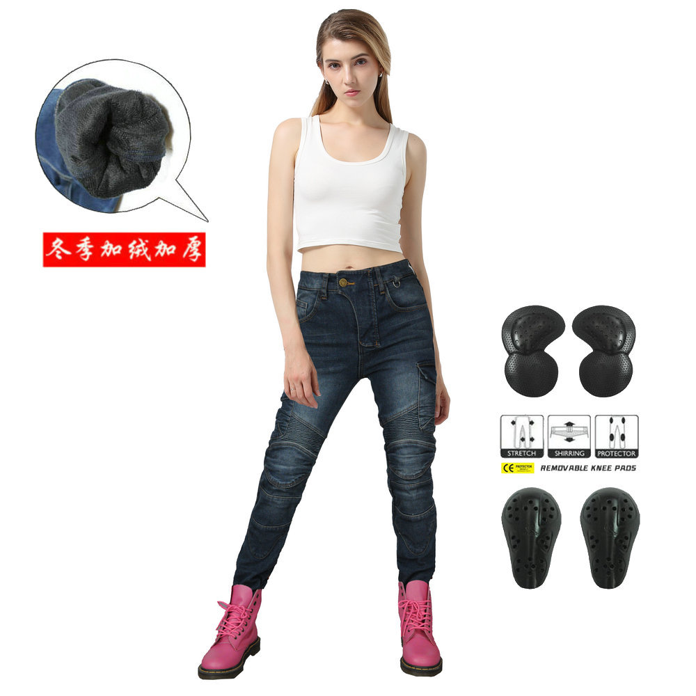 Directo de fábrica VOLERO ejército verde casual forrado de lana pantalones de la motocicleta pantalones vaqueros de la motocicleta de carreras de invierno pantalones para las mujeres