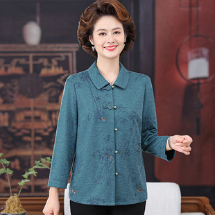Middle-aged and old mother's printed shirt 2025 spring and autumn new fashion mother loose plus size long sleeve top