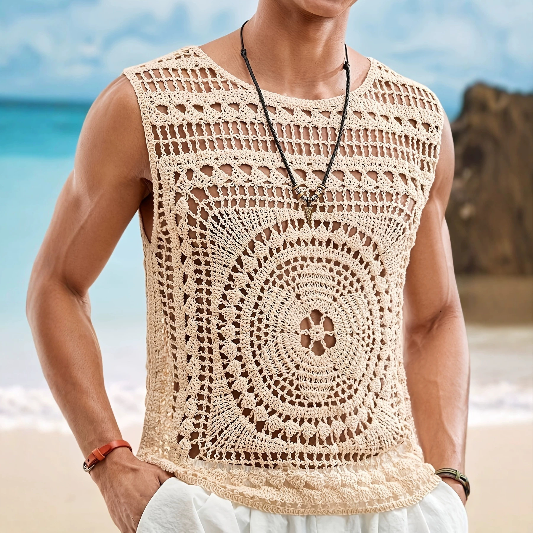2026 Summer Hot Selling Amazon Men's Casual Fashion Solid Color Crew Neck Hollow-out Knitted Vest Crochet Top