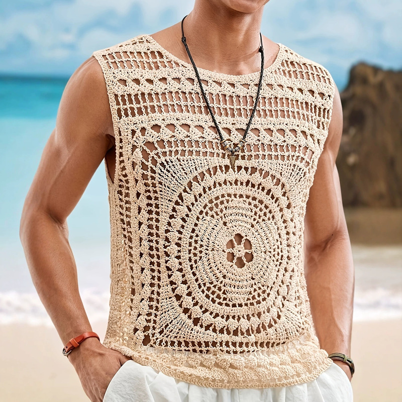 2026 Summer Hot Item Amazon Men's Casual Fashion Solid Color Round Neck Hollow Knit Vest Crochet Top