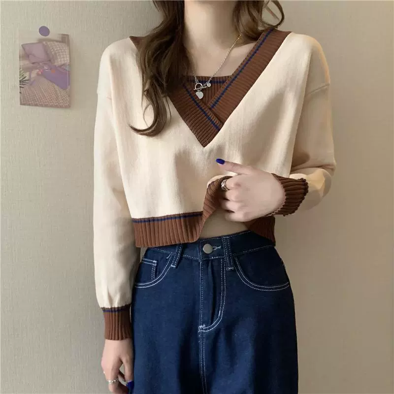 Sweater, short spring knitted warm long-sleeve, thin base body-friendly down jacket