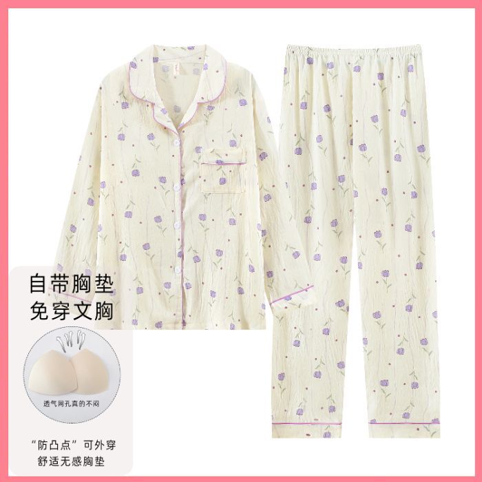 Nube de algodón pijama de primavera y otoño dulce dibujos animados con cojín de pecho cardigan de manga larga pantalones largos dos piezas de ropa de hogar