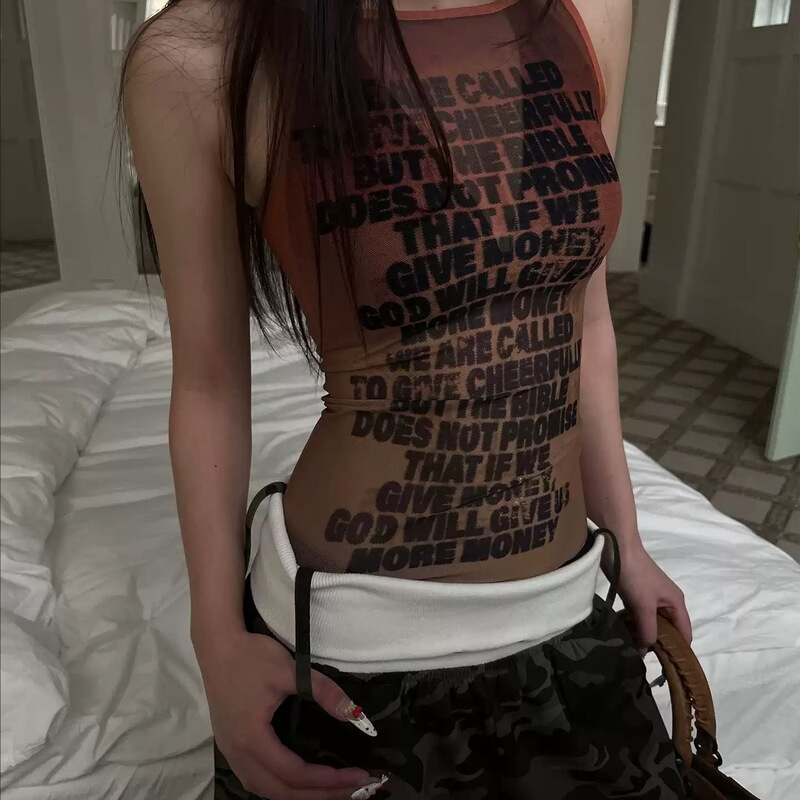 Vintage 2026 Transparent Gradient Sleeveless Top Vest with Stretchy Printed Design, Slim Fit, Distressed American-Style Letter Mesh