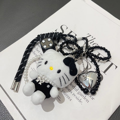 韩系ins真珠蝶結び黒衣ケイティ猫色子キーホルダー真珠チェーンiu系愛心包ストラップ