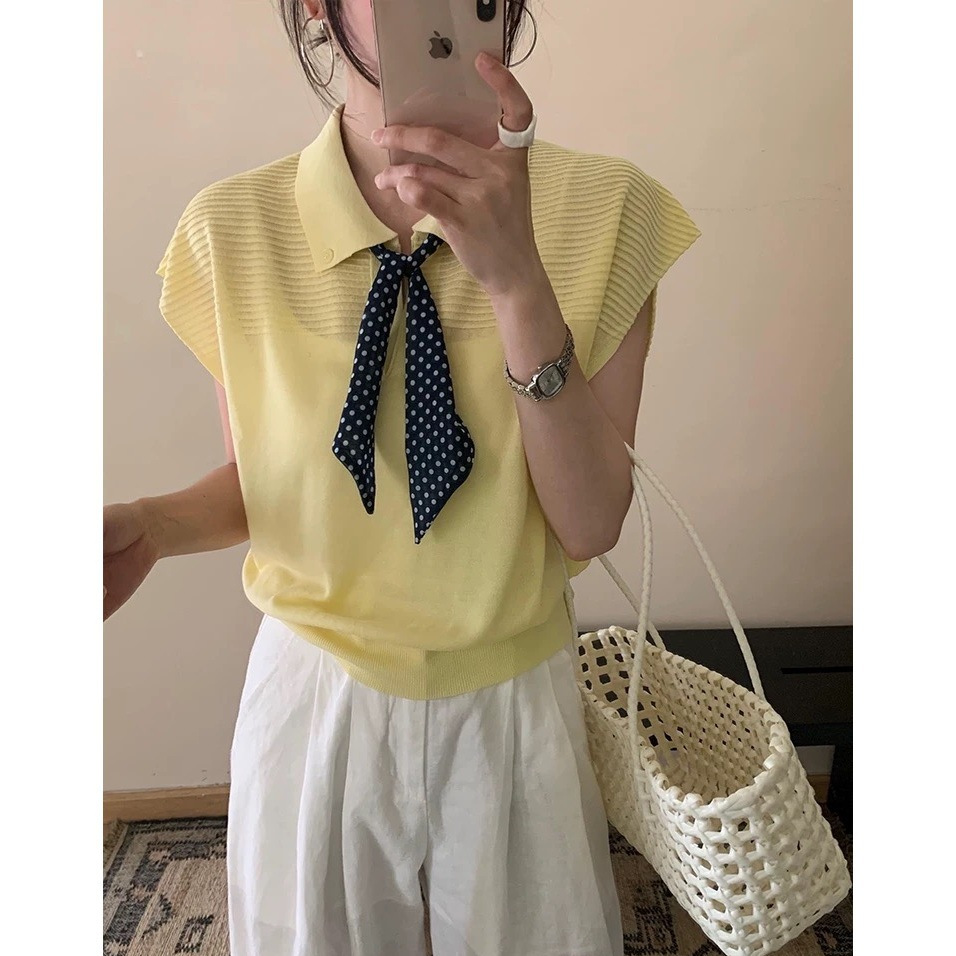 シックなグレーのポロシャツ、ゆったりとした小さなフライングスリーブニット半袖Tシャツ、女性用夏デザイン右肩アイスシルクトップ