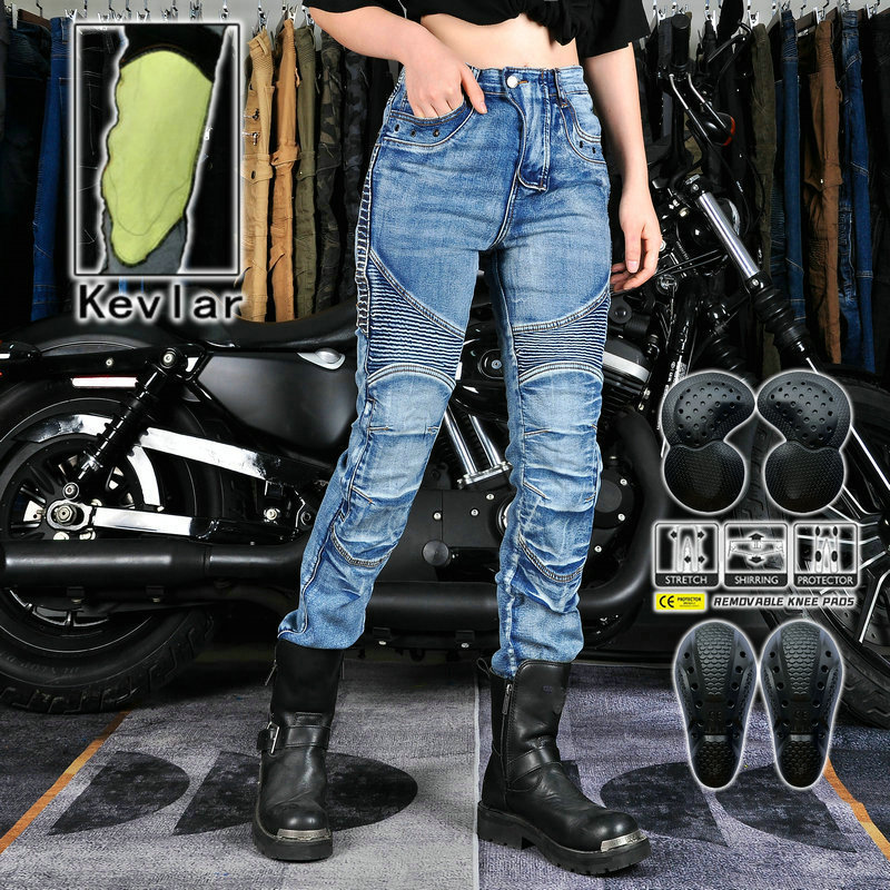 VOLERO Motorcycle Denim Retro Anti-Fall Stretch Riding Pants for Women, Kevlar Anti-Tear, Second Generation Protective Gear