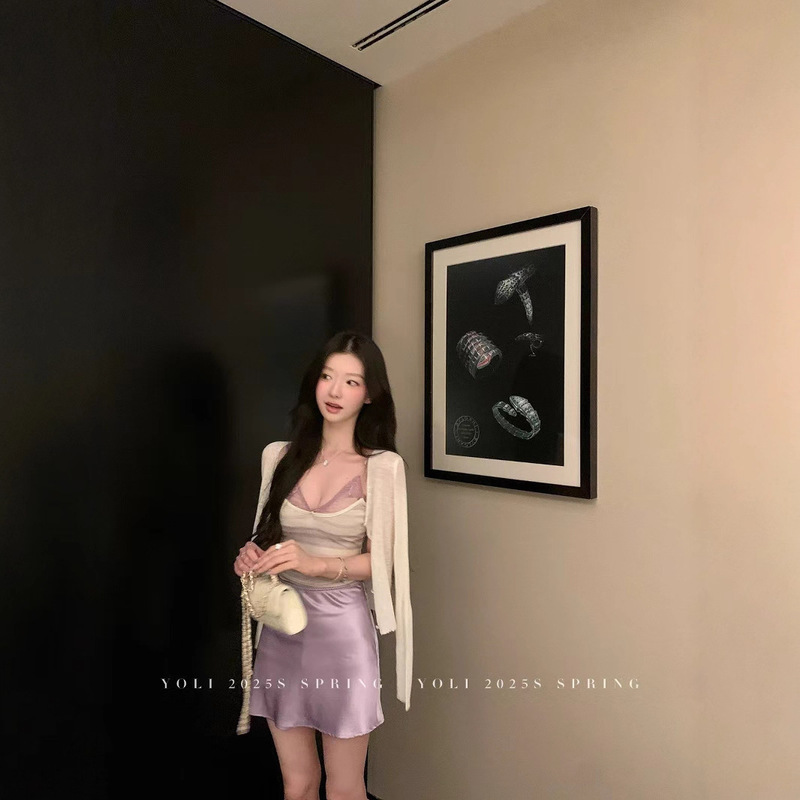 YOLI 张宥利 “莫奈花紫色”晕染假两件条纹吊带收腰显瘦气质上衣|undefined