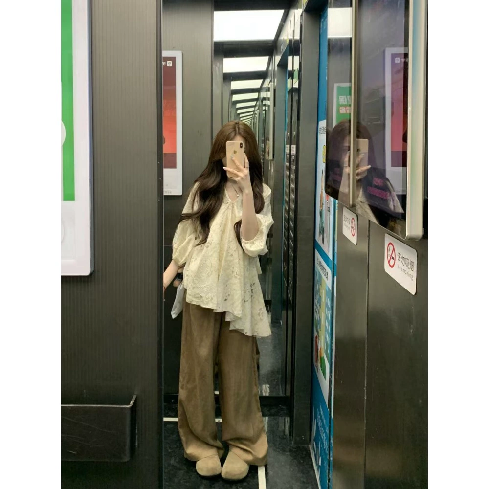 Плюс размер, французская шикарная рубашка с v-образным вырезом и вырезами, женские летние свободные повседневные брюки с высокой талией, костюм из двух предметов