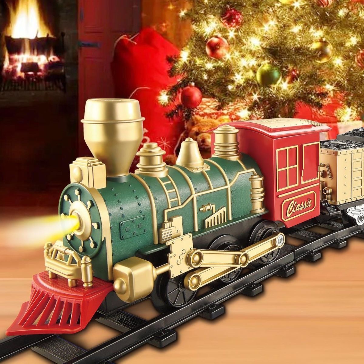 Simulación de Navidad DIY clásica iluminación eléctrica efectos de sonido tren empalme escena de pista juguetes para niños regalos de cumpleaños