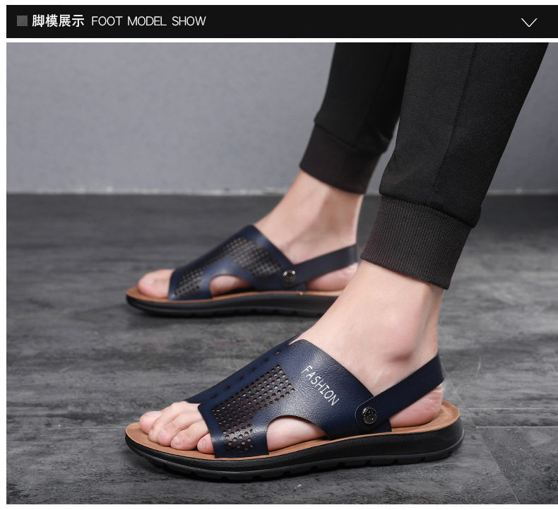 Dép sandal nam cỡ lớn hở ngón da PU chống trơn trượt, thoáng khí đi biển — Nâu Đen, Xanh lam đậm, Xám đậm, Đỏ rượu chi tiết 14